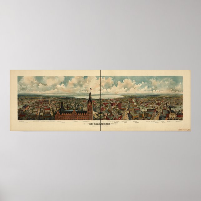 Poster Milwaukee WI 1898 Carte panoramique antique (Devant)