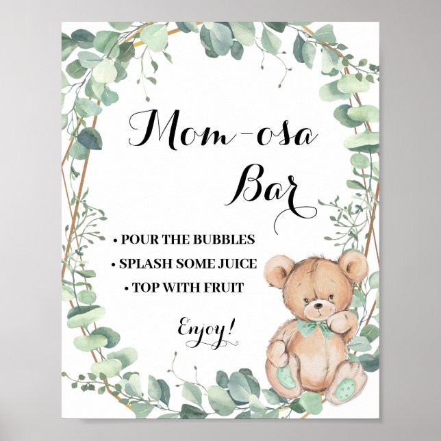 Poster Mimosa Bar Momosa Bar Baby shower vert Ours (Devant)