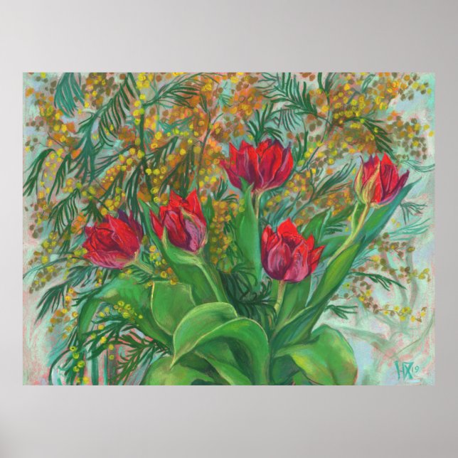 Poster Mimosa et Tulipes, Fleurs de Printemps, Peinture F (Devant)