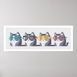 Poster Mini Chats Avec Verres Ligne Pixel Art