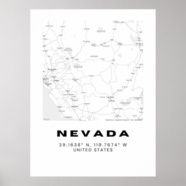 Poster Mini Nevada Map Art - noir et blanc (Devant)