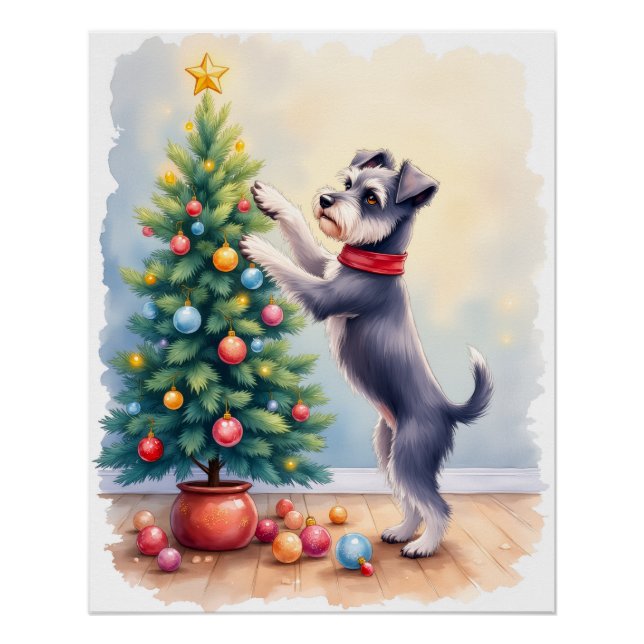 Poster Miniature Schnauzer Decorating Christmas Tree Dog  (Devant)