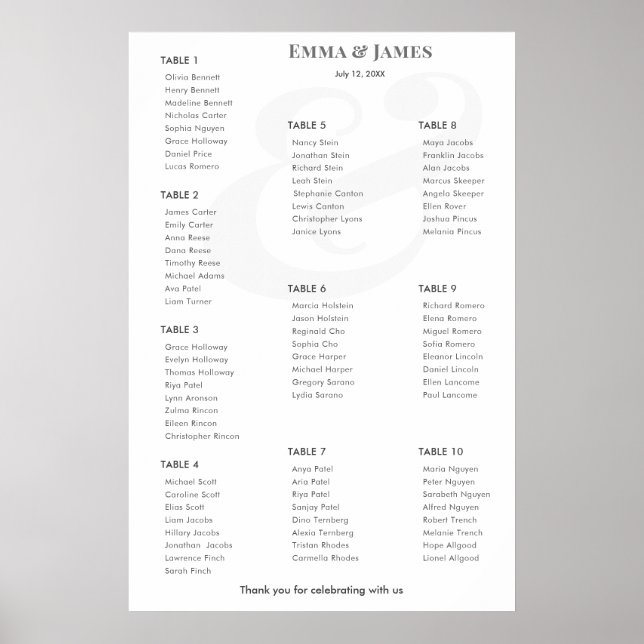 Poster Minimalist Ampersand Wedding | Seating Chart | 10 (Devant)
