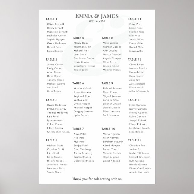 Poster Minimalist Ampersand Wedding | Seating Chart 14 (Devant)