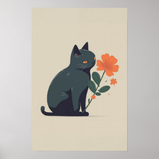 Poster Minimalist Black Cat Flower 