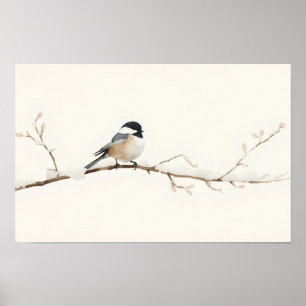 Poster Minimaliste Oiseau Mésange à Tête Noire sur Neige