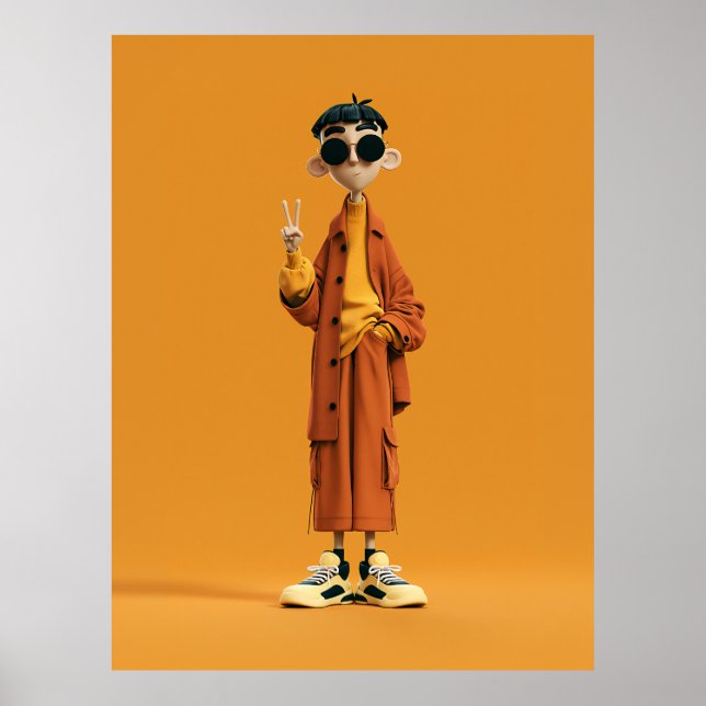 Poster Minimaliste Orange Esthétique – Personnage 3D Styl (Devant)