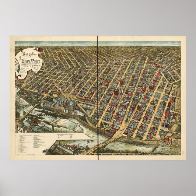 Poster Minneapolis Minnesota 1891 Carte panoramique antiq (Devant)