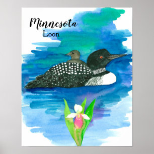 Poster Minnesota Lon commun Bébé Eau d'oiseaux