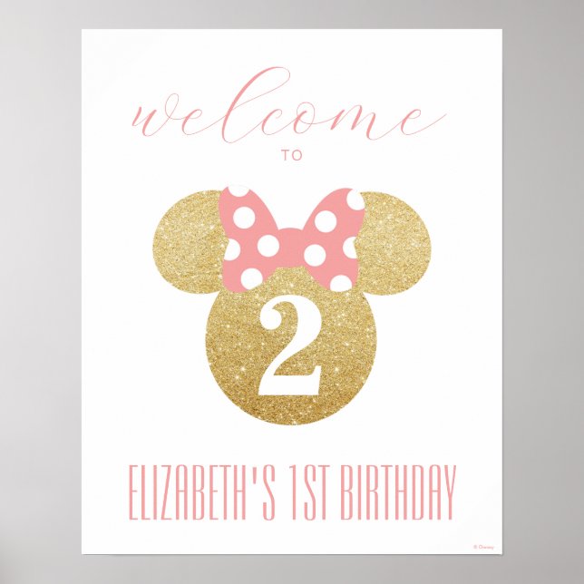 Poster Minnie Mouse | Bienvenue d'anniversaire Gold & Pin (Devant)