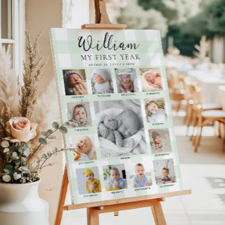 Poster Mint Green Gingham First Birthday Photo Timeline