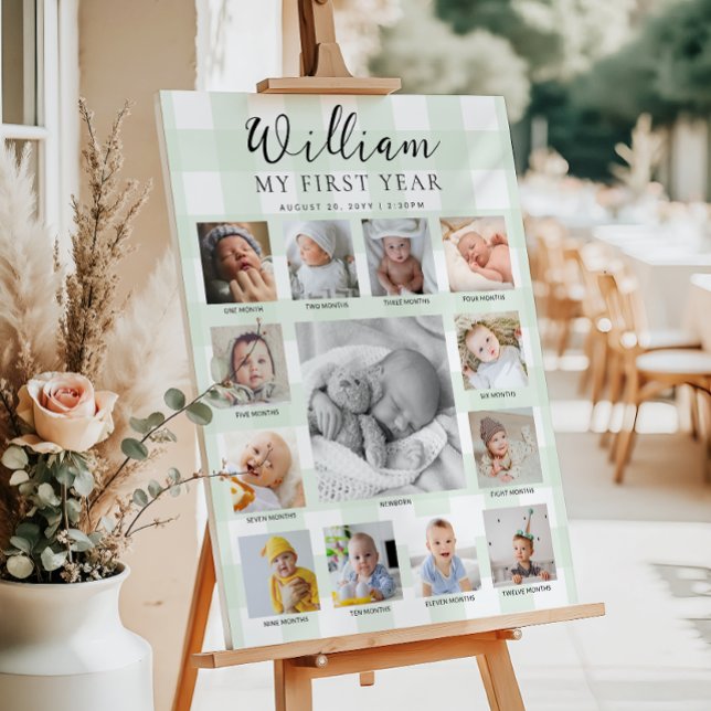 Poster Mint Green Gingham First Birthday Photo Timeline (Créateur téléchargé)
