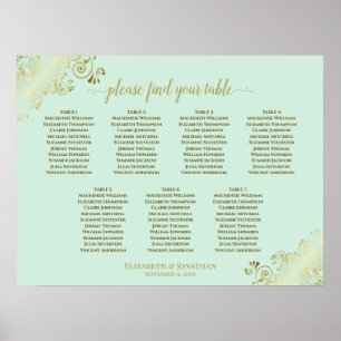 Poster Mint Green & Gold 7 Table Wedding Seating Chart