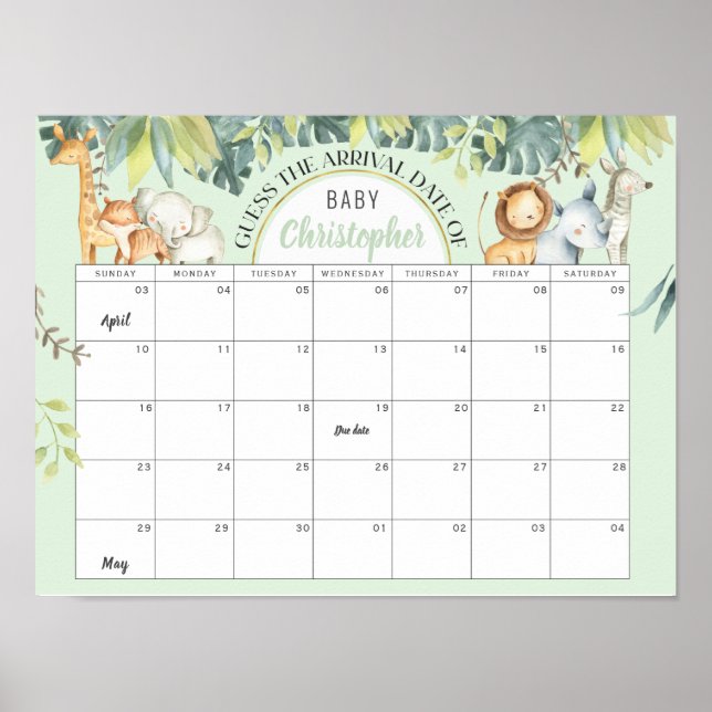 Poster Mint safari mignon jungle baby shower calendrier j (Devant)