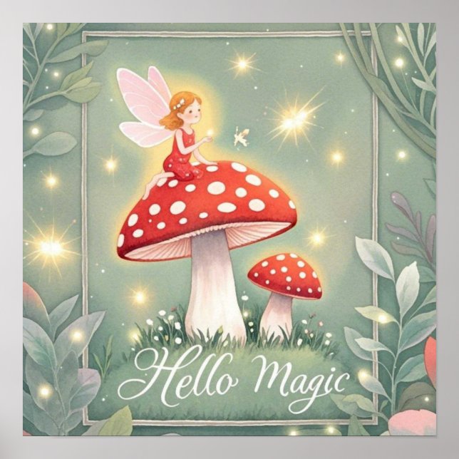 Poster Minuscule fée perchée sur un champignon et brillan (Devant)