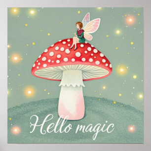 Poster Minuscule fée perchée sur un champignon et brillan