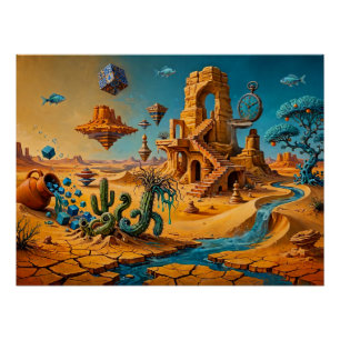 Poster Mirage du désert Ocbre Orange Bleu sarcelle