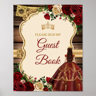 Poster Mis Quince Burgundy Floral Rustic Livre d'Invité