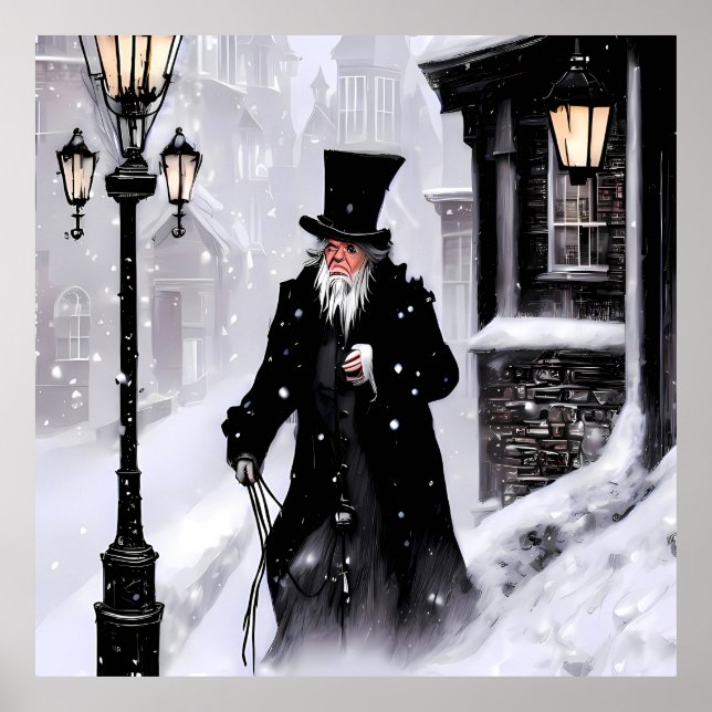 Poster Misère Ebenezer Scrooge Snowy Victorian Street (Devant)