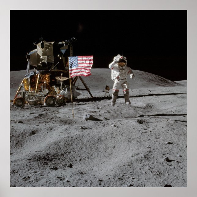 Poster Mission Apollo Moon, astronaute et drapeau américa (Devant)