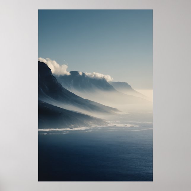 Poster Mist-Covered Coastal Mountains Sunrise Glow (Devant)