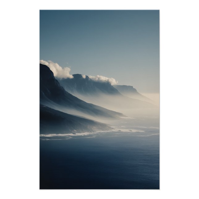 Poster Mist-Covered Coastal Mountains Sunrise Glow (Devant)