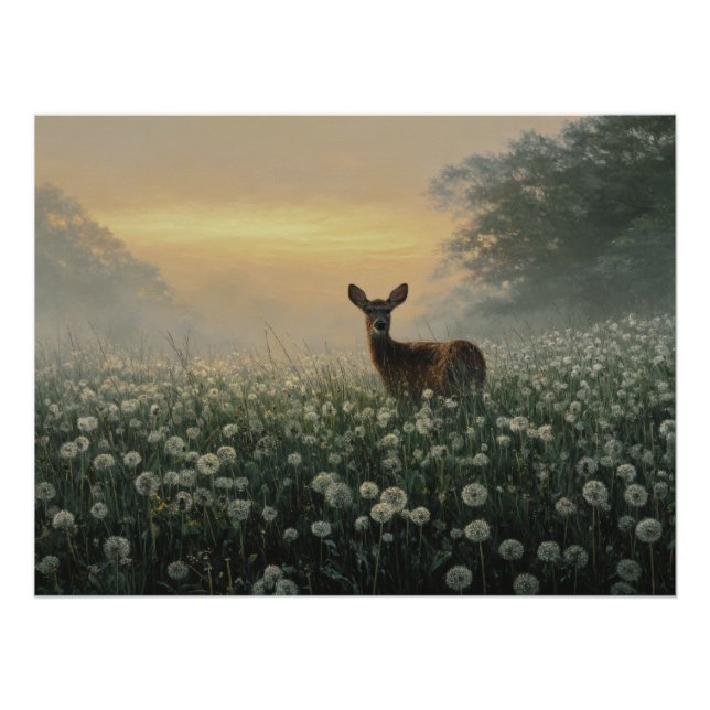 Poster Misty Morning Meadow Deer (Devant)