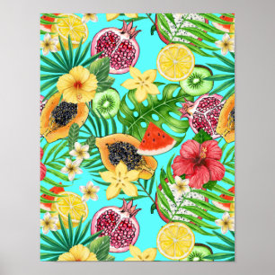 Poster Mix-fruit tropical, fleurs et feuilles en bleu
