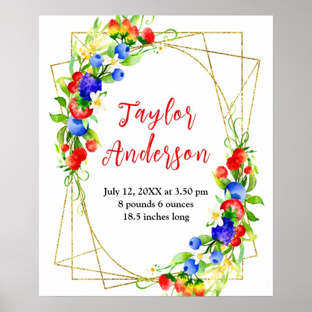 Poster Mixed Berries Baby Birth Stats (Devant)