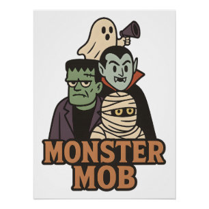 Poster Mob de monstres Frankenstein Dracula Momie Fantôme