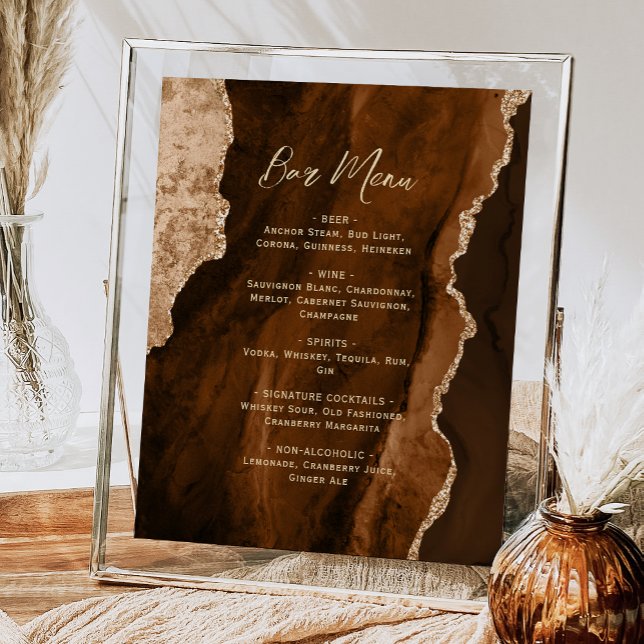 Poster Mocha Brown Gold Agate Script Wedding Bar Menu  (Créateur téléchargé)