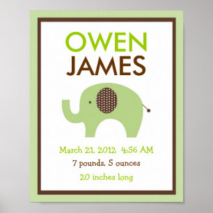 Poster Mod Green Elephant Nursery Wall Art Birth Print