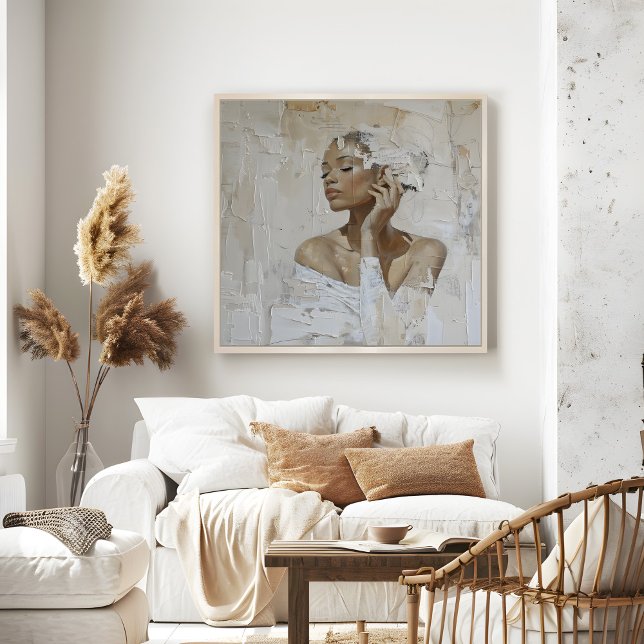 Poster Mode moderne Portrait Peinture Mur Art (Modern Fashion Portrait Painting Wall Art in a beautiful neutral boho living room.)