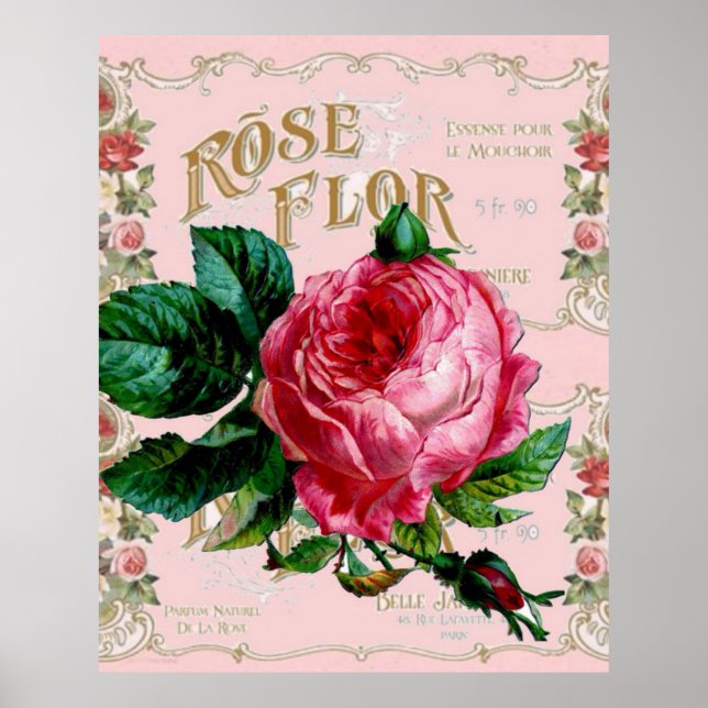 Poster Mode rose vintage Paris, joli art floral (Devant)