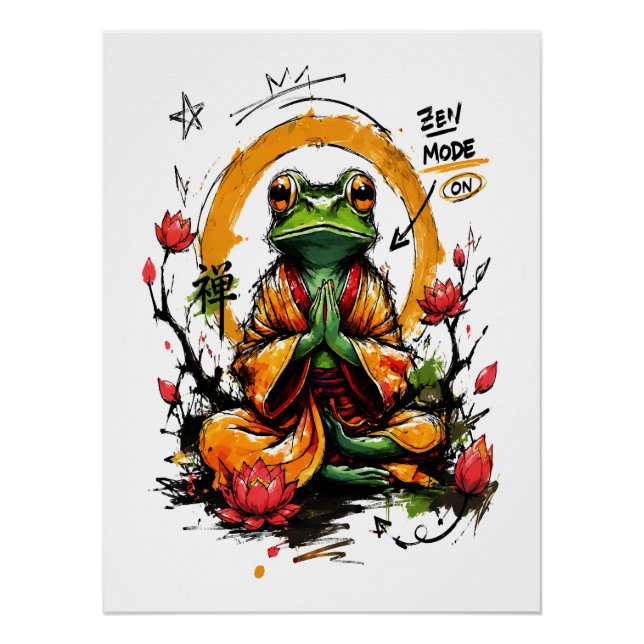 Poster Mode Zen Activé Moine Grenouille Méditant (Devant)