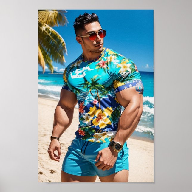 Poster Modèle Bodybuilder à Hawaii Beach (Devant)