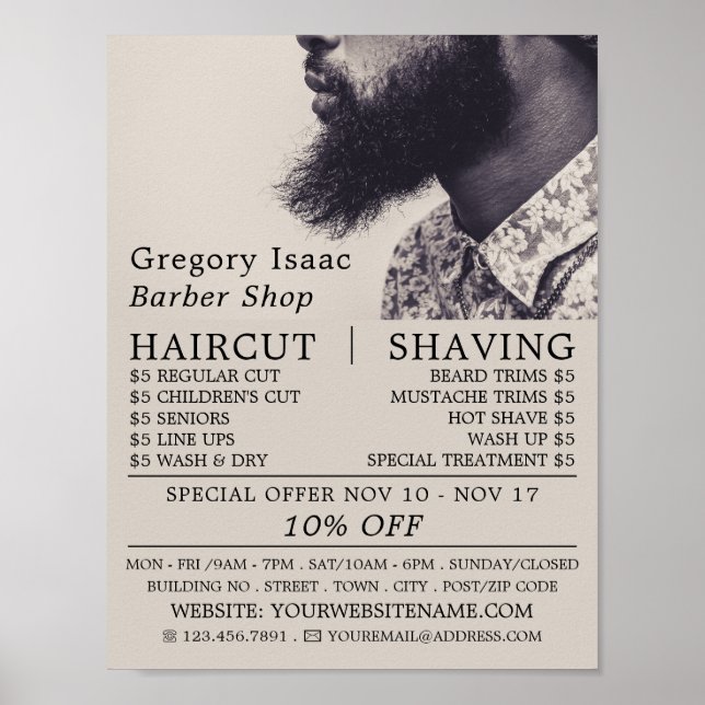 Poster Modèle de barbe noire, Barbiers hommes publicité (Devant)