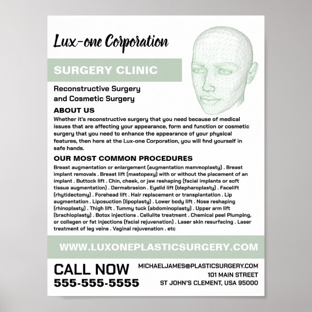 Poster Modèle de tête, Chirurgien plastique, Chirurgie pl (Devant)