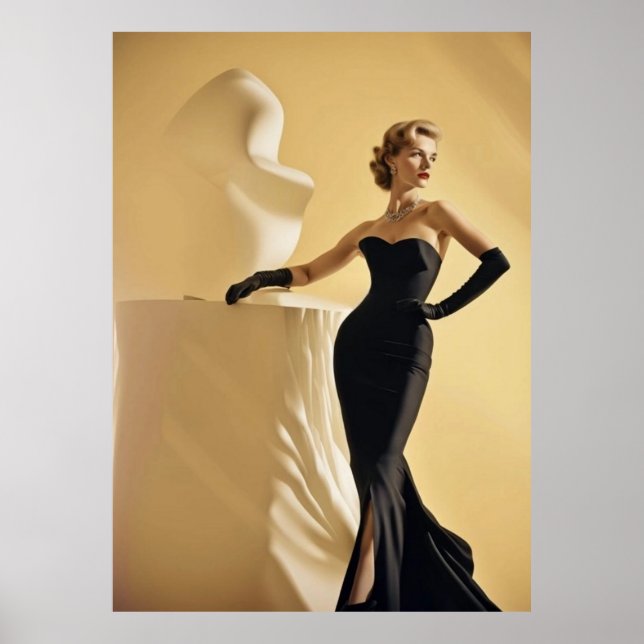 Poster Modèle élégant des années 1950 montrant robe noire (Devant)