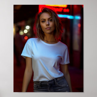 Poster Modèle féminin portant un t-shirt Gildan blanc vie