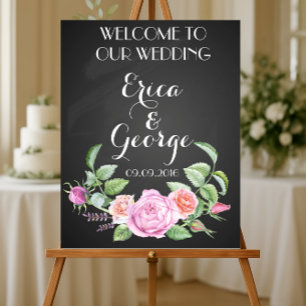 Poster Modèle floral rose panneau de bienvenue de mariage