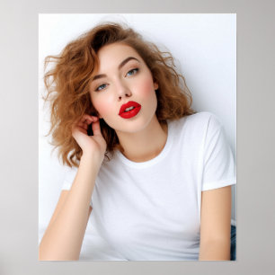 Poster Modèle mignon à cheveux bouclés portant le tshirt 