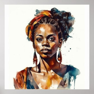 Poster Modèle noir Boho haute mode femme aquarelle