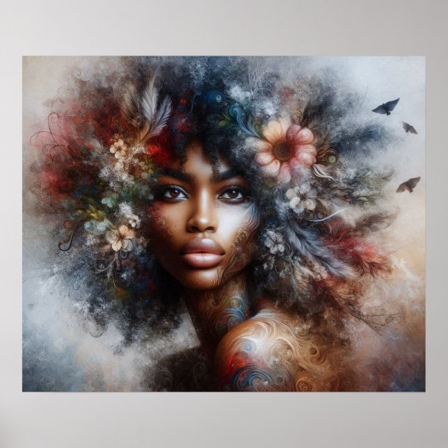 Poster Modèle noir haute mode femme belle florale (Devant)