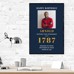 Poster Modèle photo d'anniversaire Elegant Chic Blue Gold