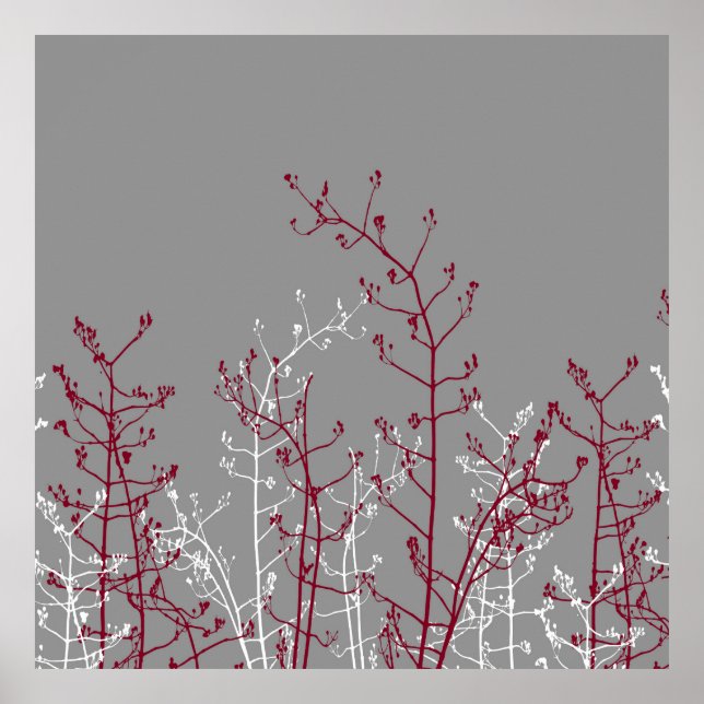 Poster Modern Abstract Elegant Burgundy Flowers on Grey (Devant)