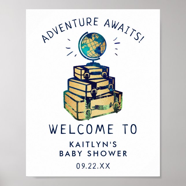 Poster Modern Adventure Travel Baby shower Globe Bienvenu (Devant)
