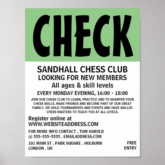 Poster Modern Bold, Chess Club Publicité (Devant)