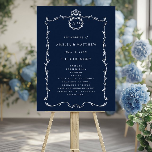 Poster Modern Classic Wedding Ceremony Program Navy Blue (Créateur téléchargé)