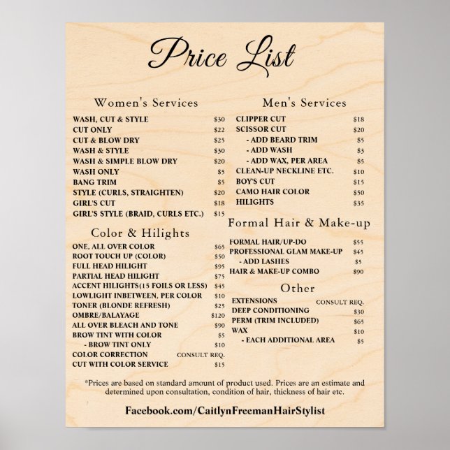 Poster Modern Elegant Beauty Salon Price List (Devant)